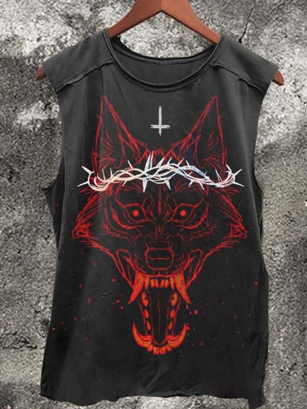 Thorn Wolf Print 100% Cotton Casual Tank Top