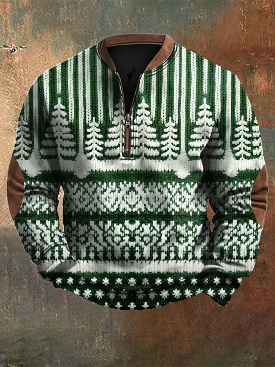Retro Christmas Tree Pattern Print Zipper Long Sleeves Sweatshirt