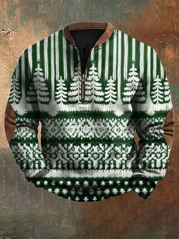 Retro Christmas Tree Pattern Print Zipper Long Sleeves Sweatshirt