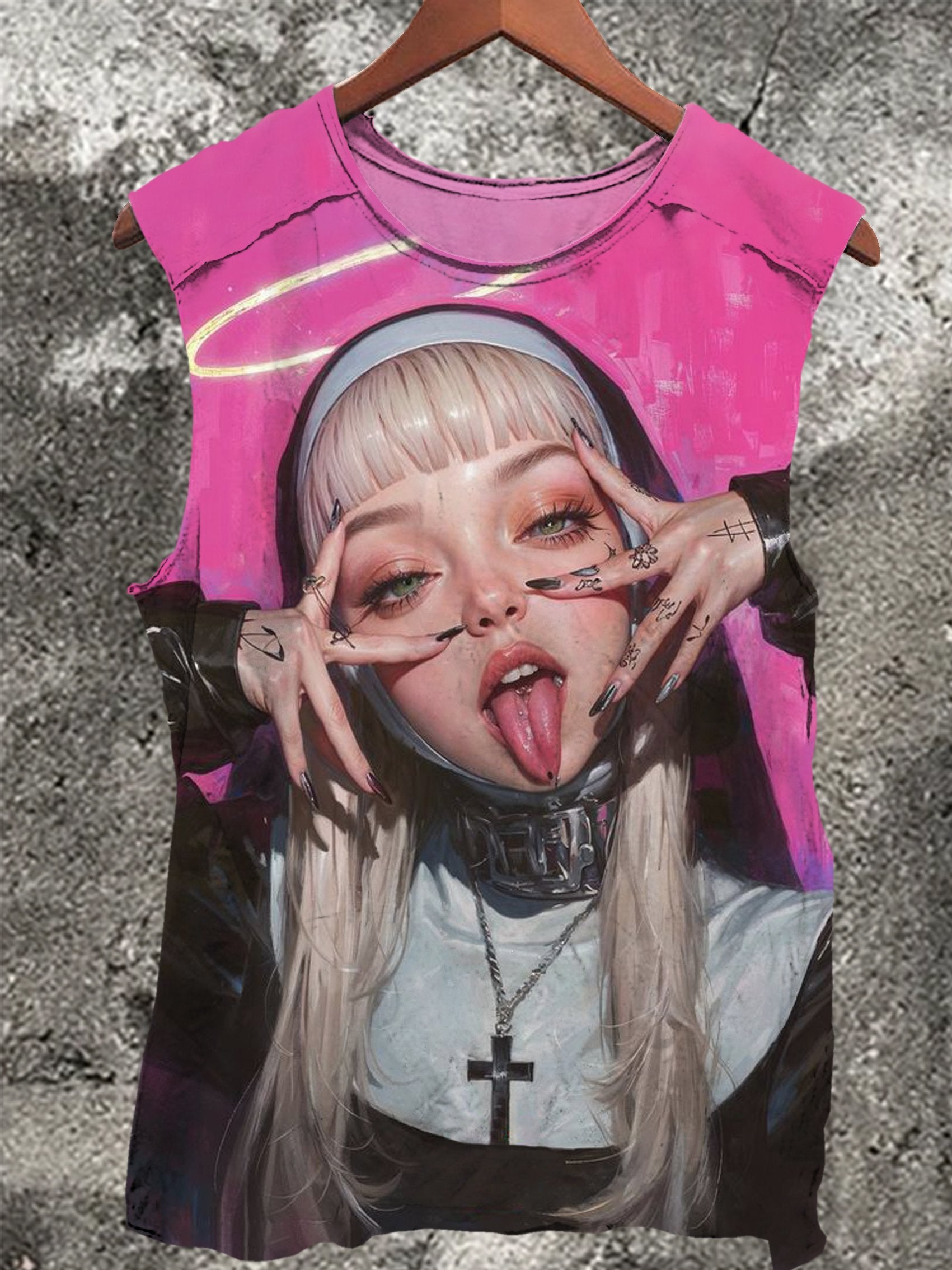 Sweet Nun Sticks Out Tongue Vintage Print 100% Cotton Casual Tank Top