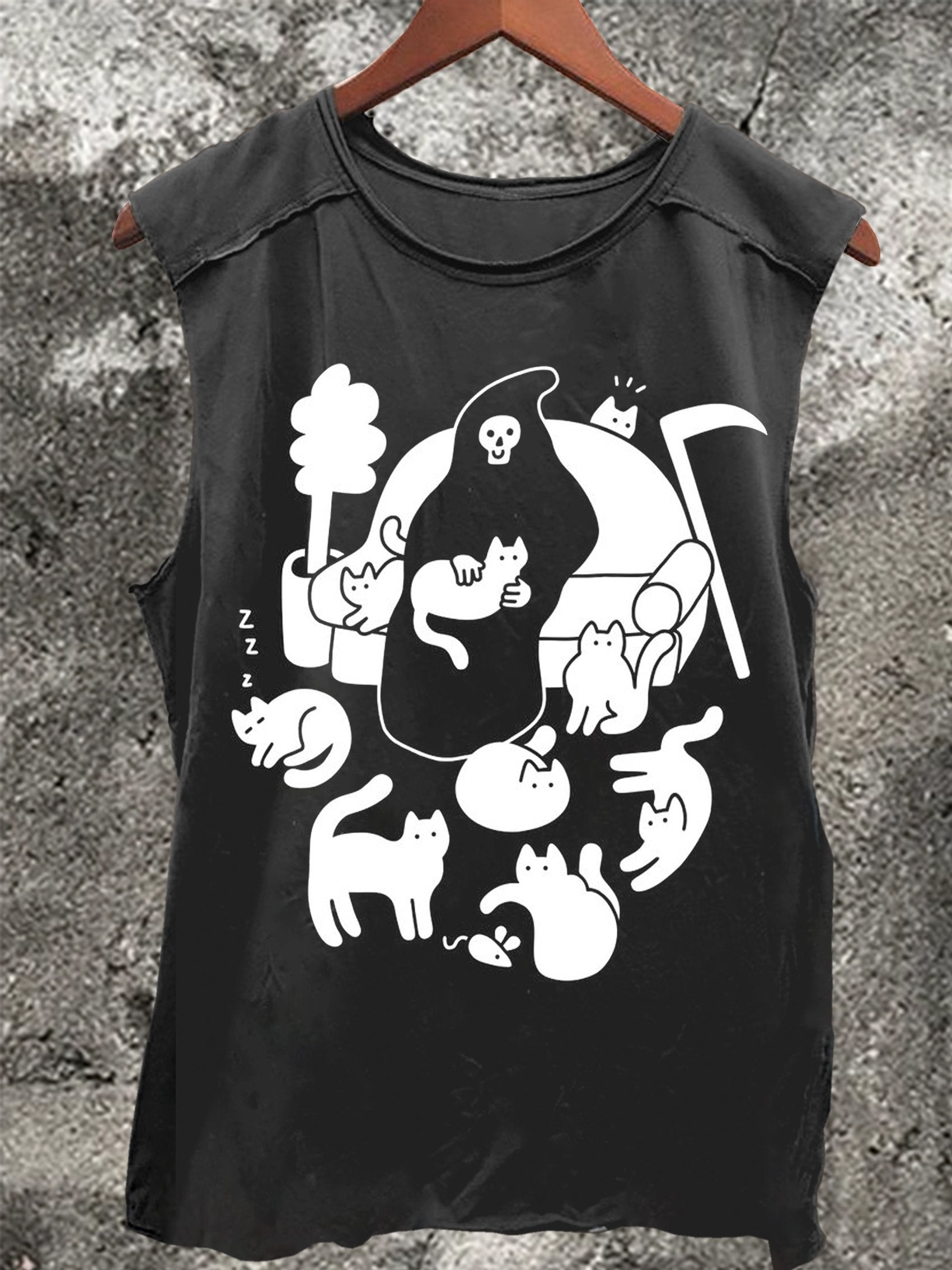 Ghost and Cat Vintage Print 100% Cotton Casual Tank Top