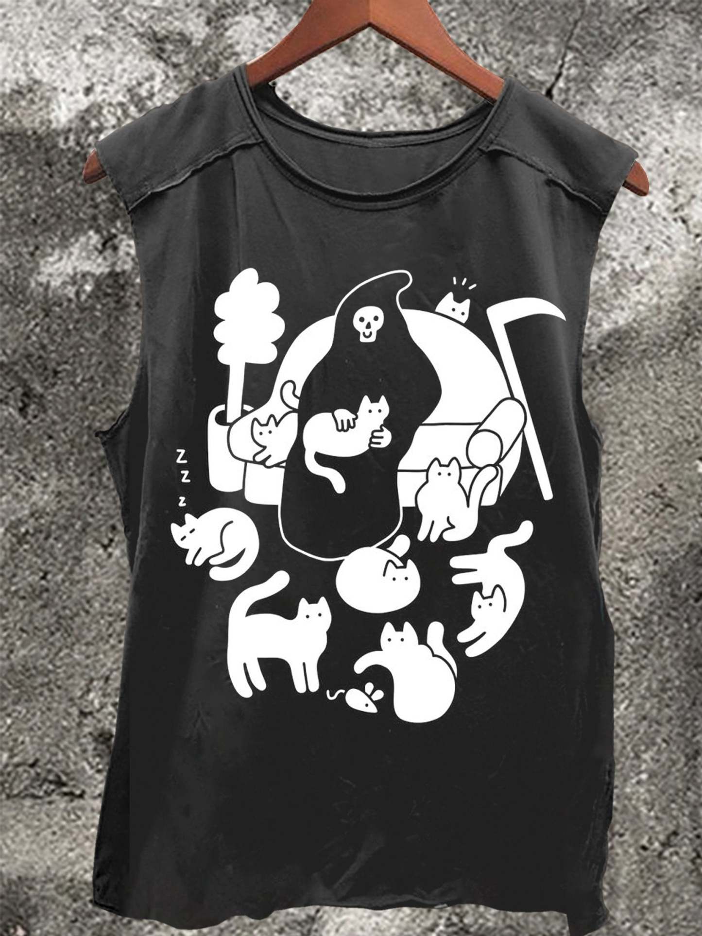 Ghost and Cat Vintage Print 100% Cotton Casual Tank Top