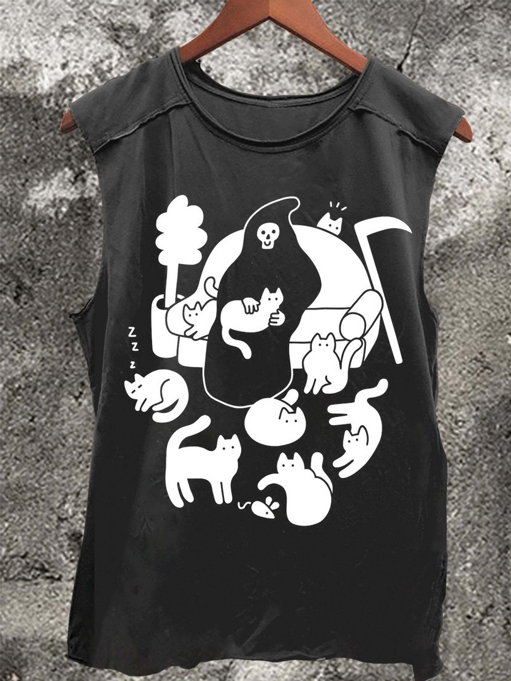 Ghost and Cat Vintage Print 100% Cotton Casual Tank Top