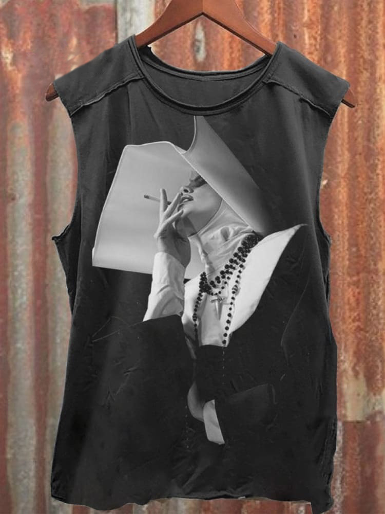 Unisex Smoking Nun Print 100% Cotton Casual Tank Top