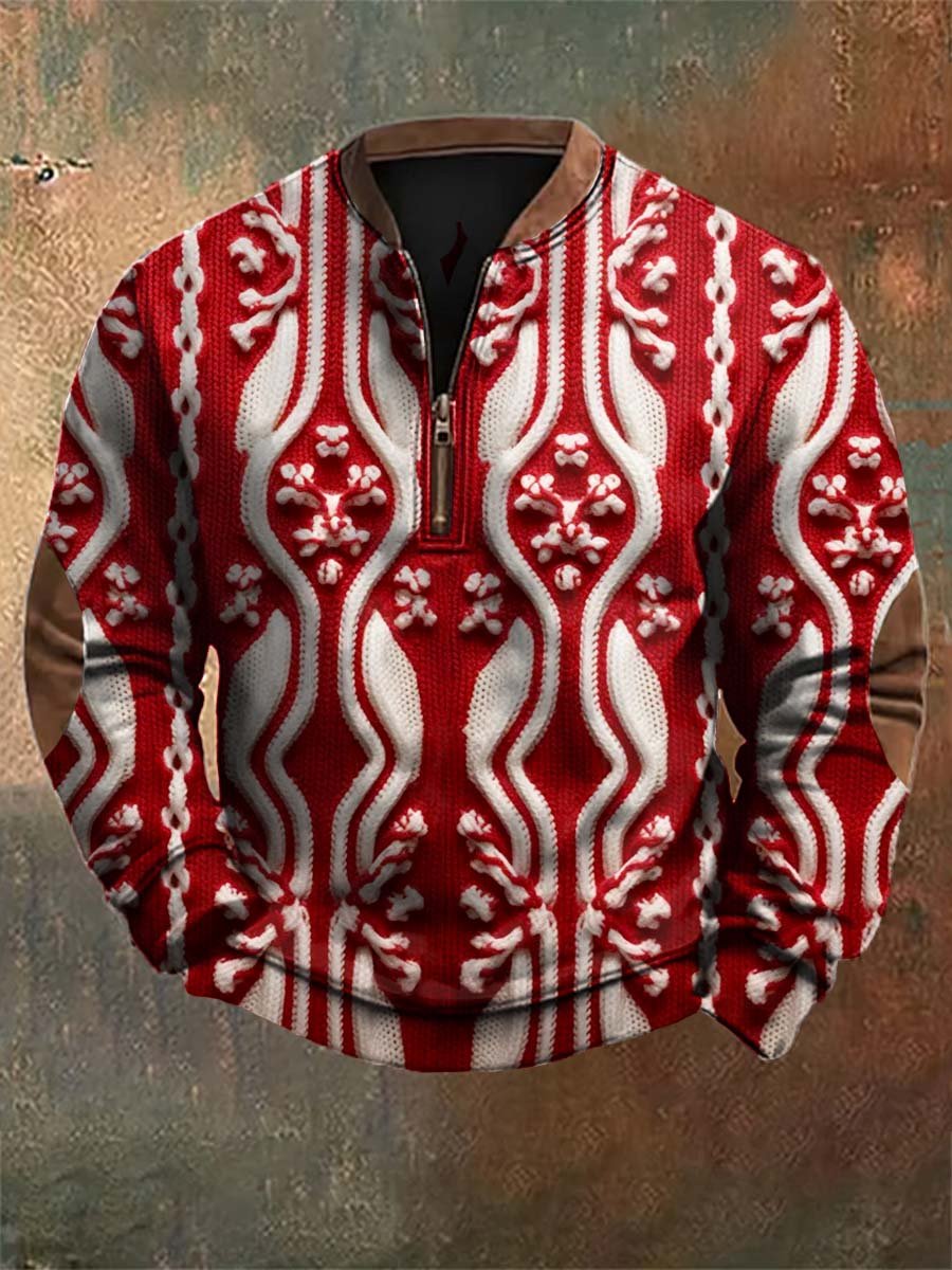 Retro Christmas Pattern Print Zipper Long Sleeves Sweatshirt