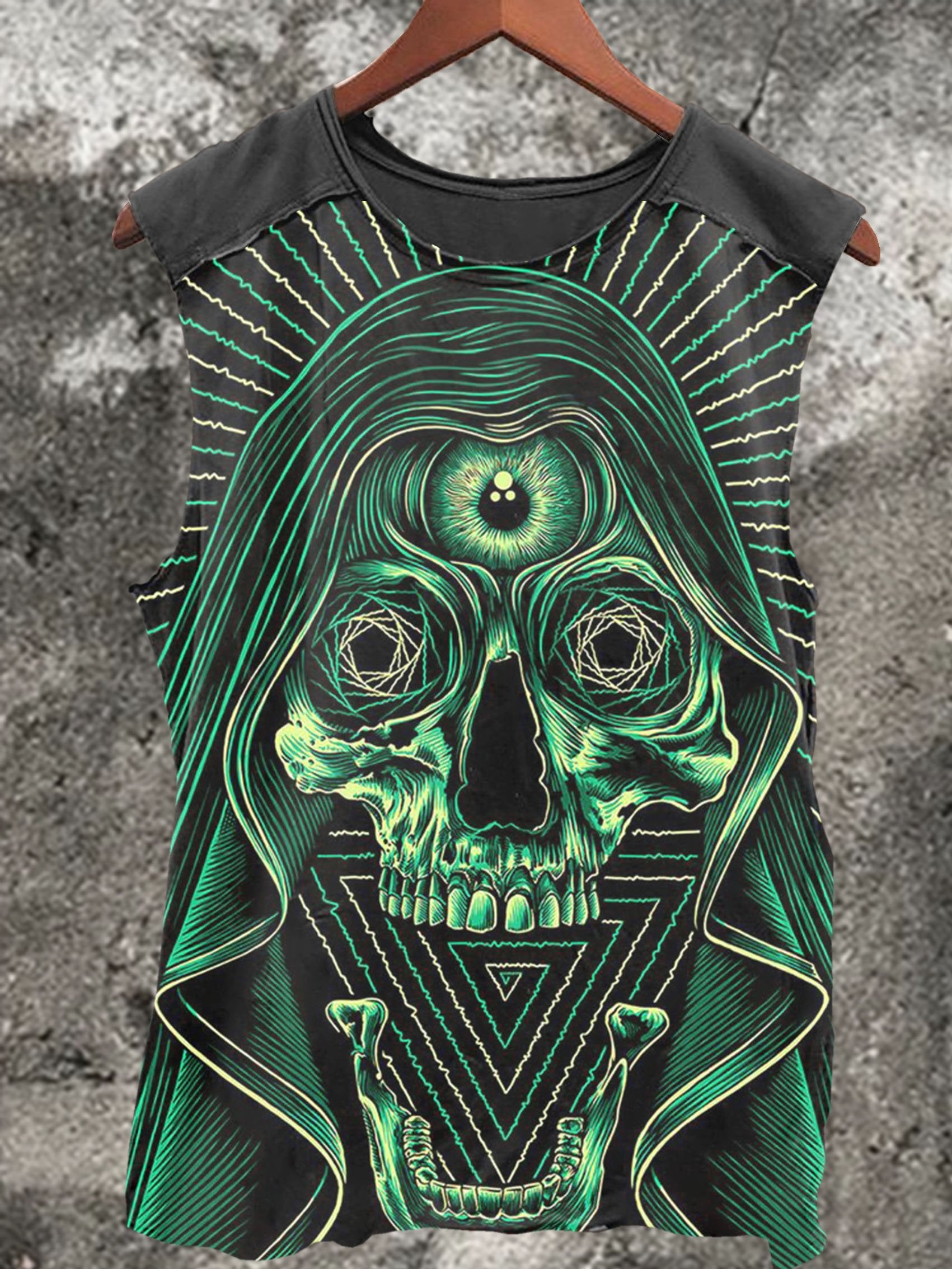 Green Three-eyed Skull Print 100% Cotton Casual Tank Top