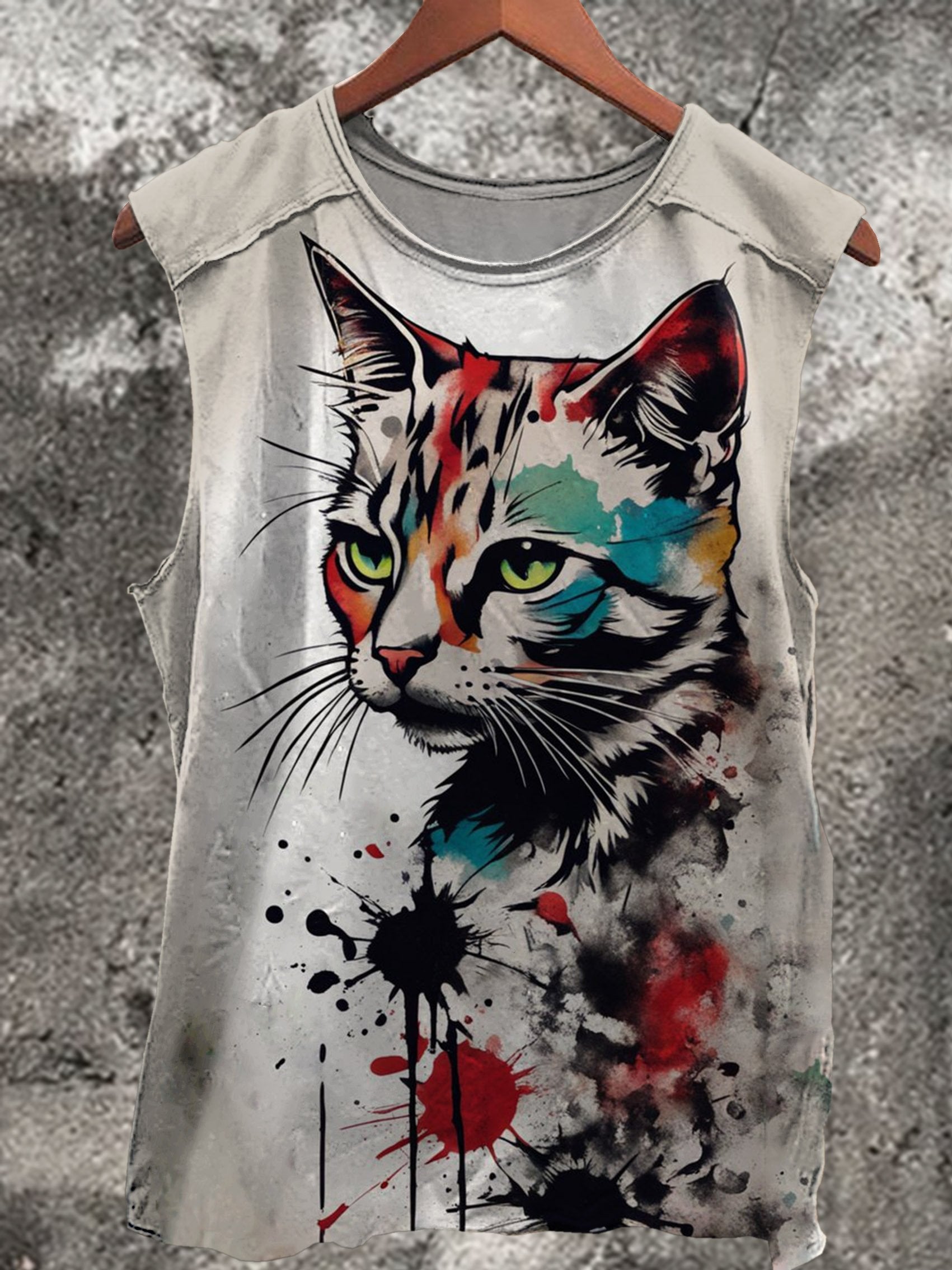 Color Gradient Cat Print 100% Cotton Casual Tank Top