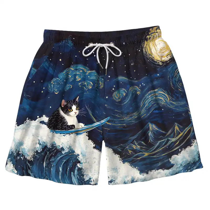  The Great Wave Off Cat Aloha Mens Swim Trunks