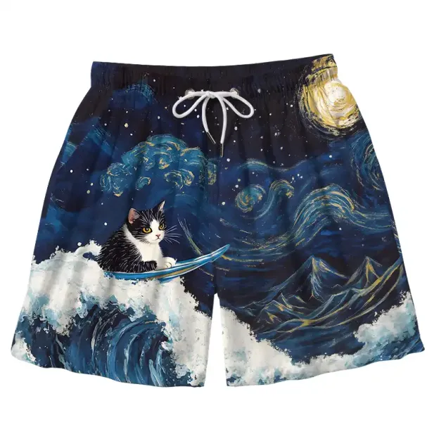 The Great Wave Off Cat Aloha Mens Swim Trunks