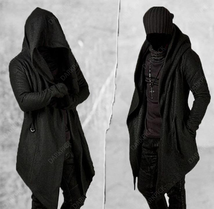 Gothic Trench Coat Men's Hooded Irregular Hem Jacket