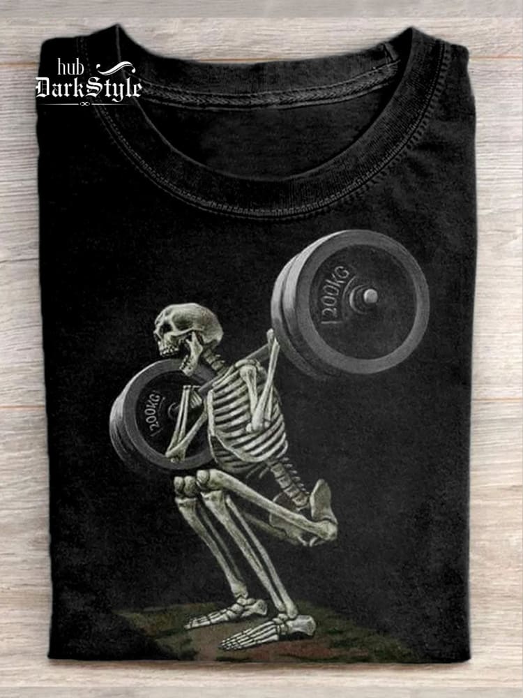 Unisex Skull Weightlifting Art Illustration Print Casual Round Neck T-Shirt