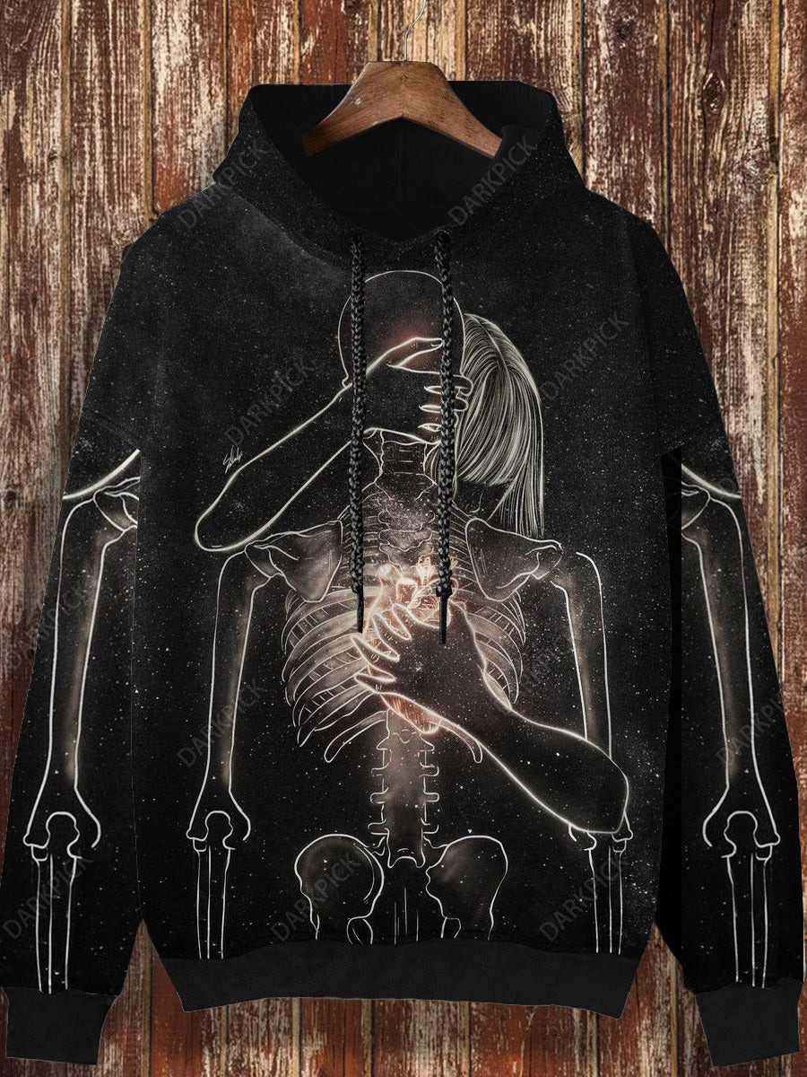 Unisex Skull Print Casual Fashion Long Sleeved Hooded Sweatshirt