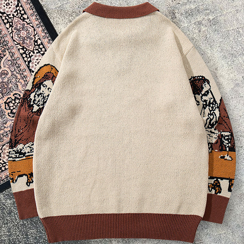 Retro-Style Fun Character Jacquard Knit Sweater