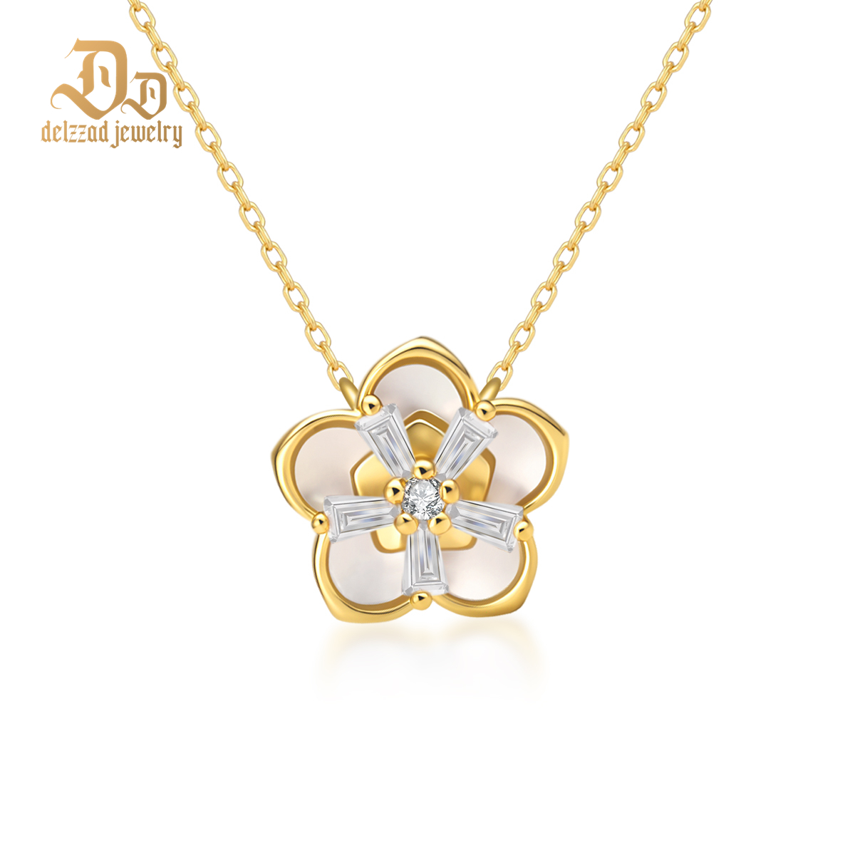 Delzzad The Bloom Sonata Set Flower Stud Earrings Blossom Necklace Flower Bracelet Zirconia Jewelry Set Copper