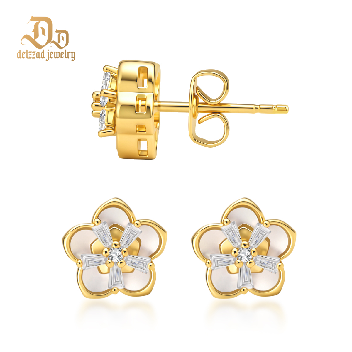 Delzzad The Bloom Sonata Set Flower Stud Earrings Blossom Necklace Flower Bracelet Zirconia Jewelry Set Copper