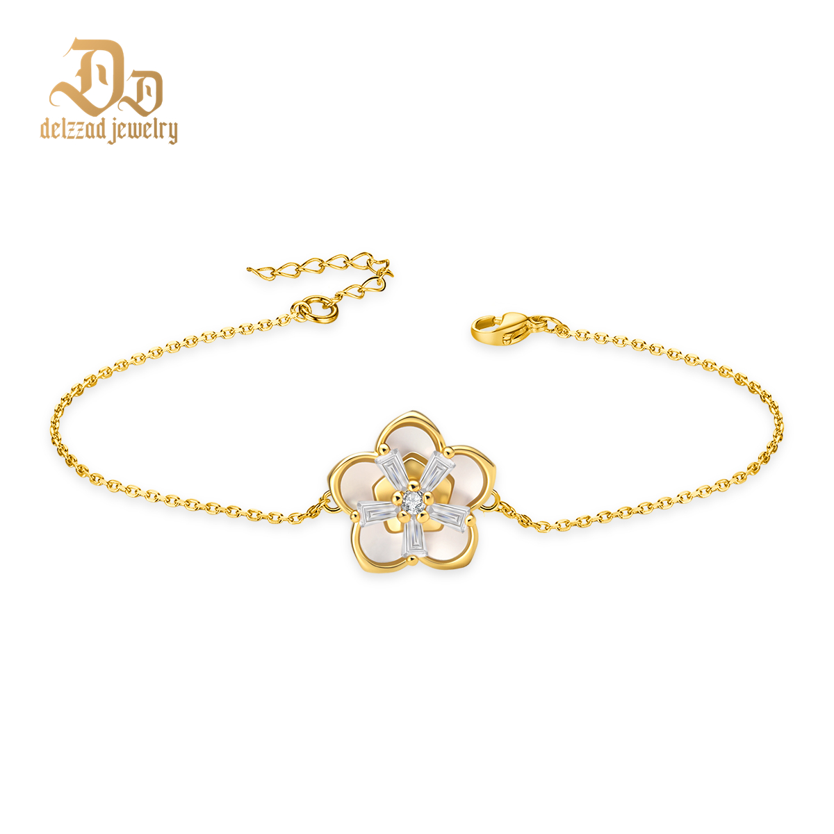 Delzzad The Bloom Sonata Set Flower Stud Earrings Blossom Necklace Flower Bracelet Zirconia Jewelry Set Copper
