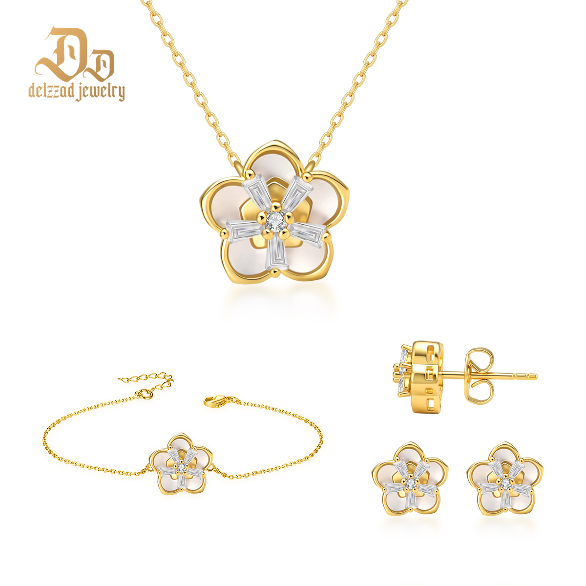 Delzzad The Bloom Sonata Set Flower Stud Earrings Blossom Necklace Flower Bracelet Zirconia Jewelry Set Copper