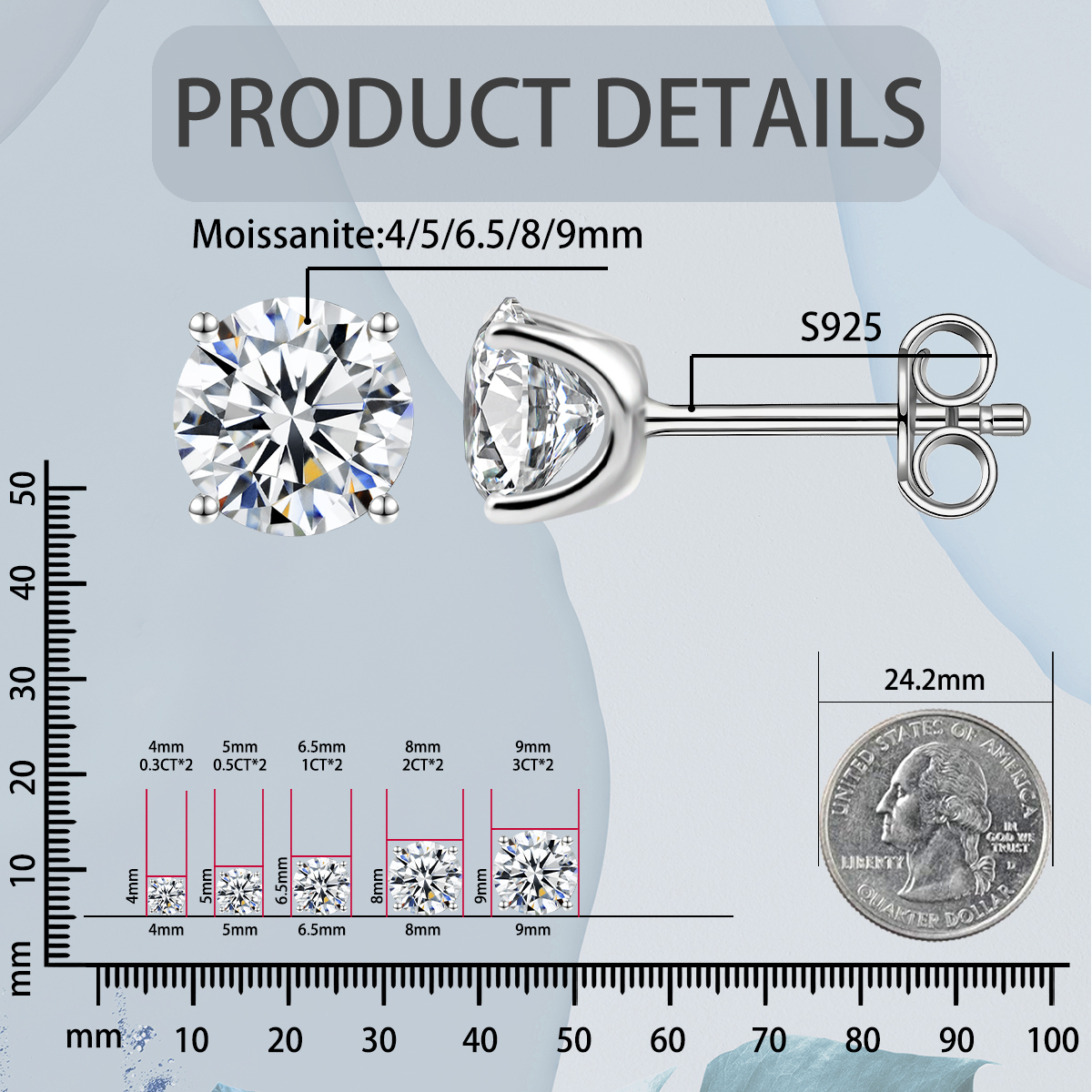 Solitaire Four Prong Earrings Screw Back Stud D-Color Moissanite & S925