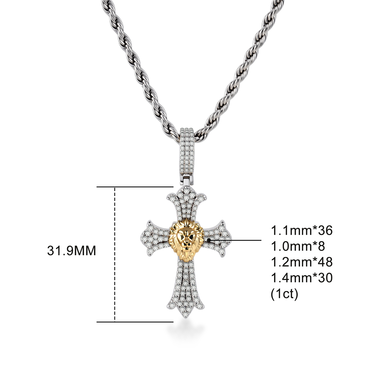 Delzzad 1ct Heart of Valor Pendant Lion Cross Charm Pendant Necklace Chain VVS Synthetic Moissanite Pendant Jewelry Copper Unisex Hip Hop Pendant
