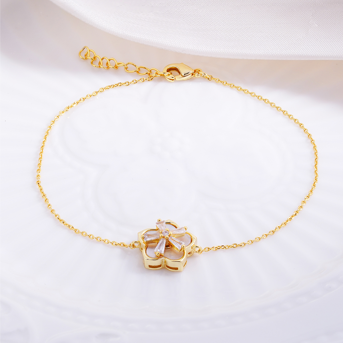 Delzzad The Bloom Sonata Set Flower Stud Earrings Blossom Necklace Flower Bracelet Zirconia Jewelry Set Copper