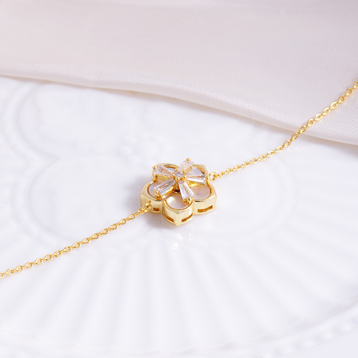 Delzzad The Bloom Sonata Set Flower Stud Earrings Blossom Necklace Flower Bracelet Zirconia Jewelry Set Copper