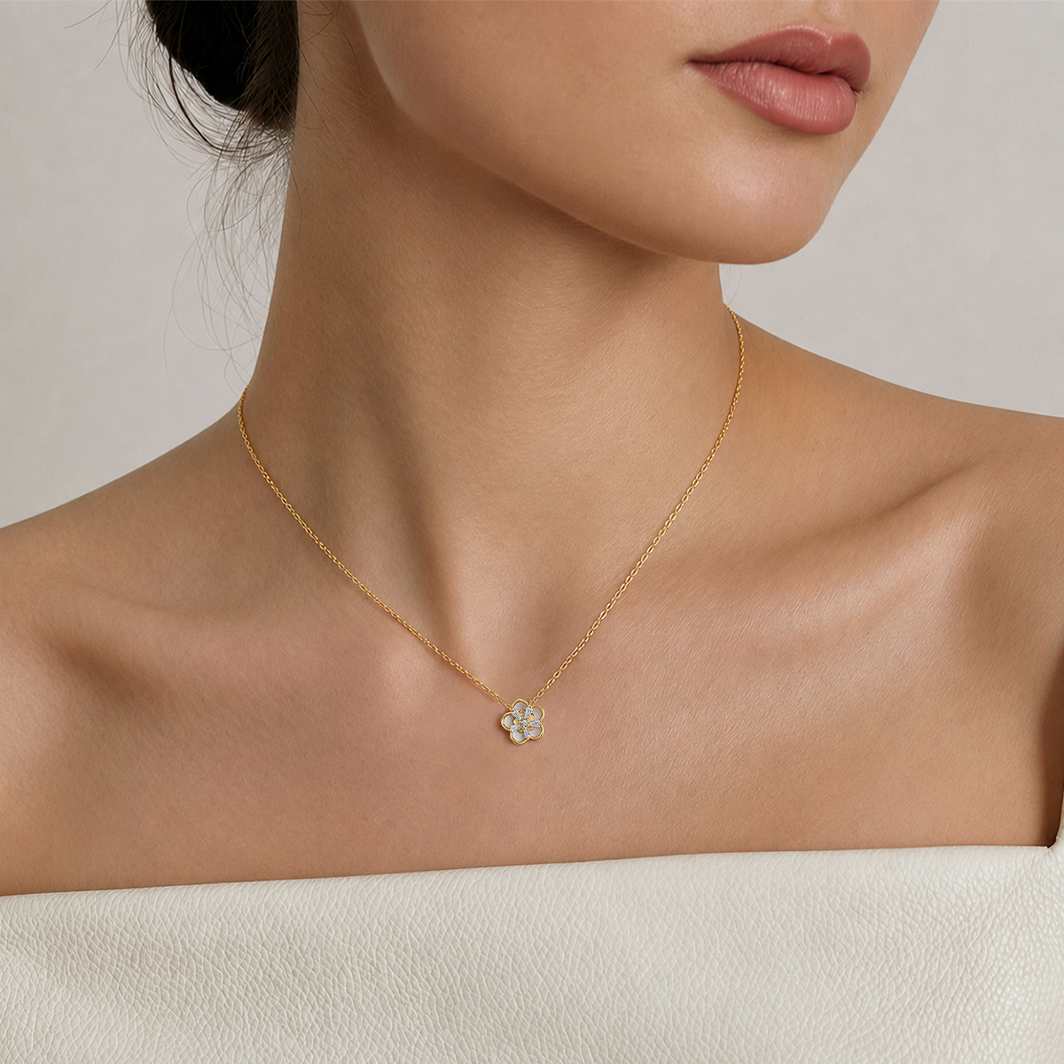 Delzzad The Bloom Sonata Set Flower Stud Earrings Blossom Necklace Flower Bracelet Zirconia Jewelry Set Copper
