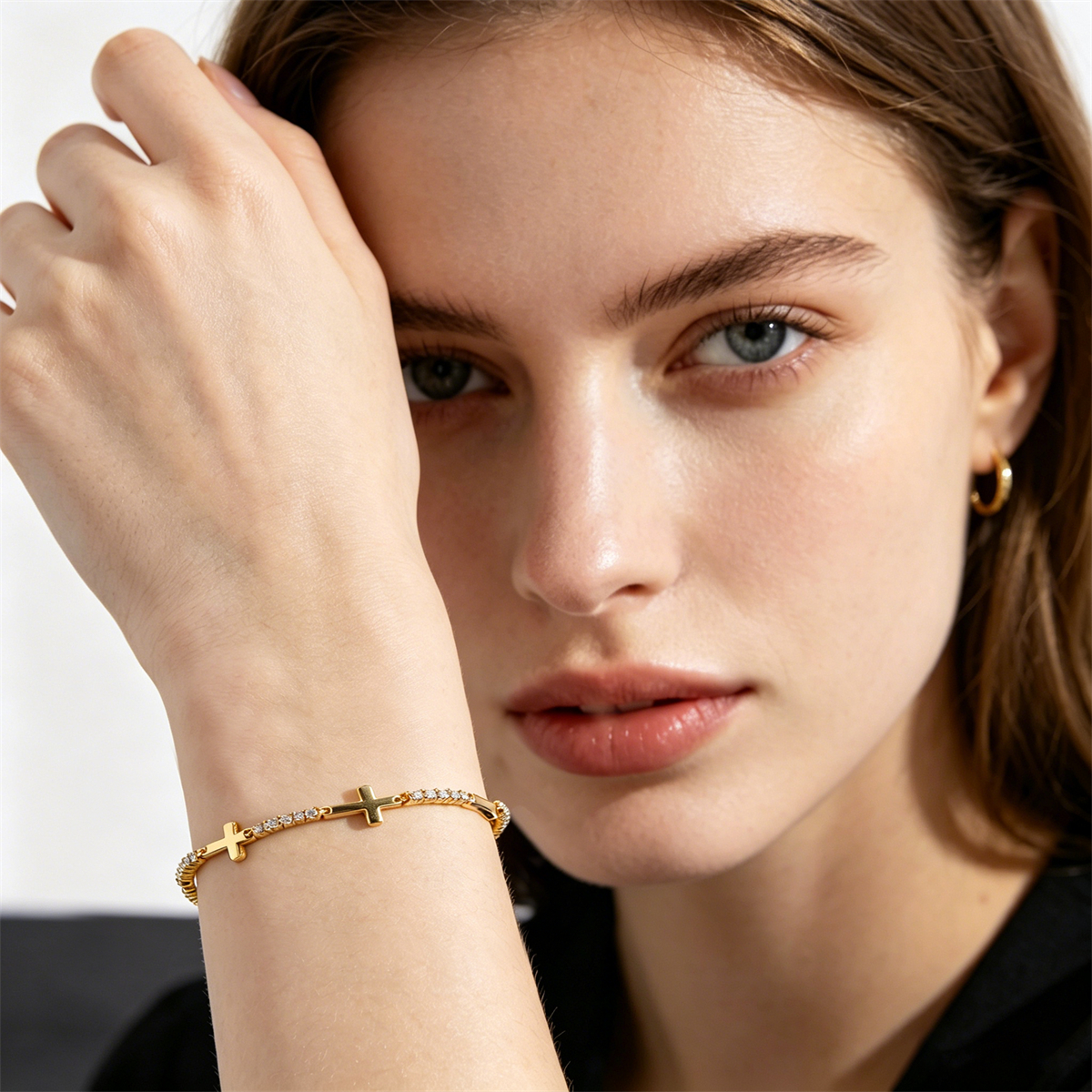 Eternal Devotion Sideways Cross Bracelet Copper Chain Synthetic Moissanite Bracelet