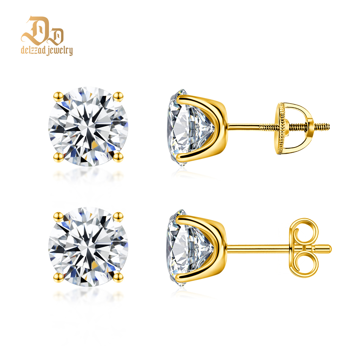 Solitaire Four Prong Earrings Screw Back Stud D-Color Moissanite & S925