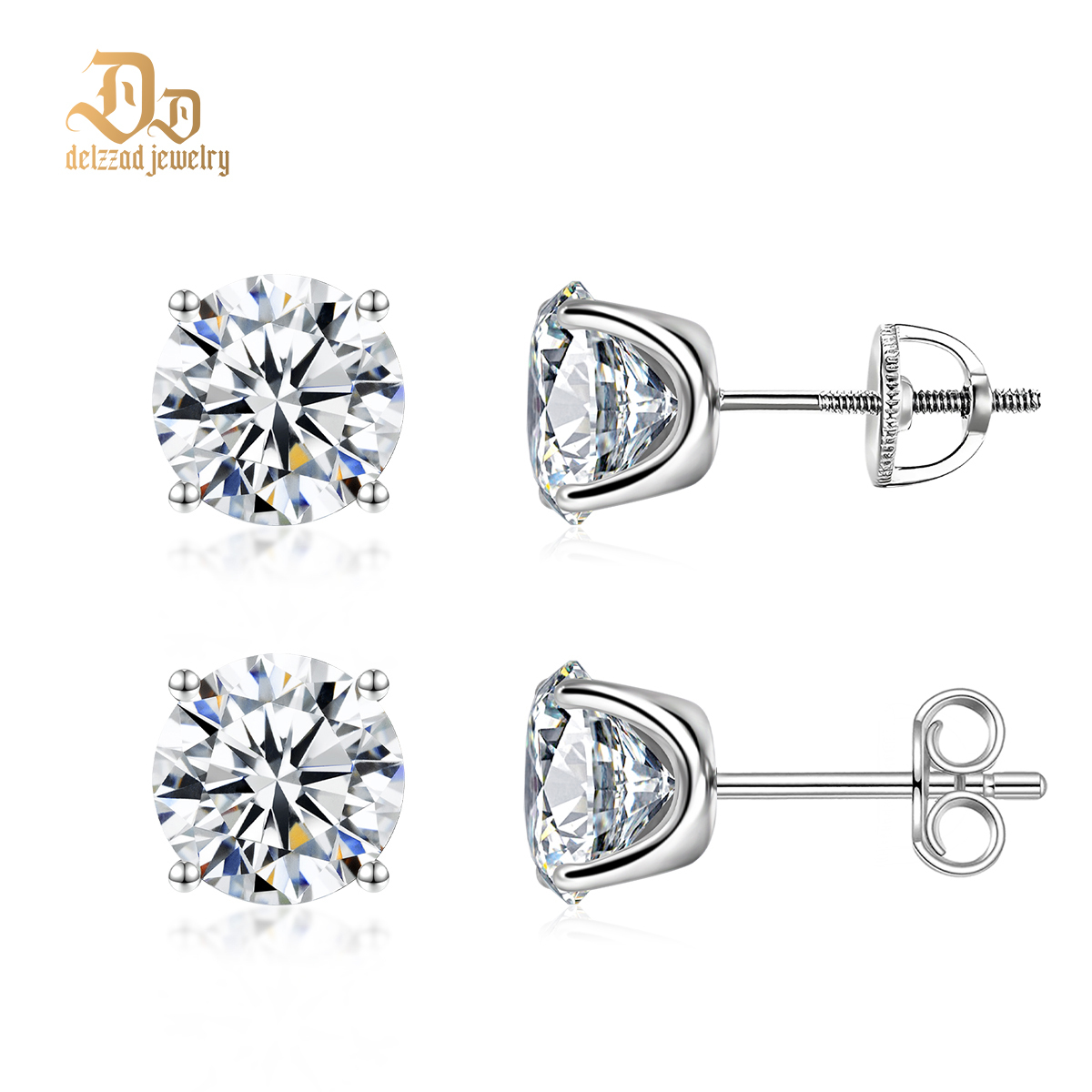 Solitaire Four Prong Earrings Screw Back Stud D-Color Moissanite & S925