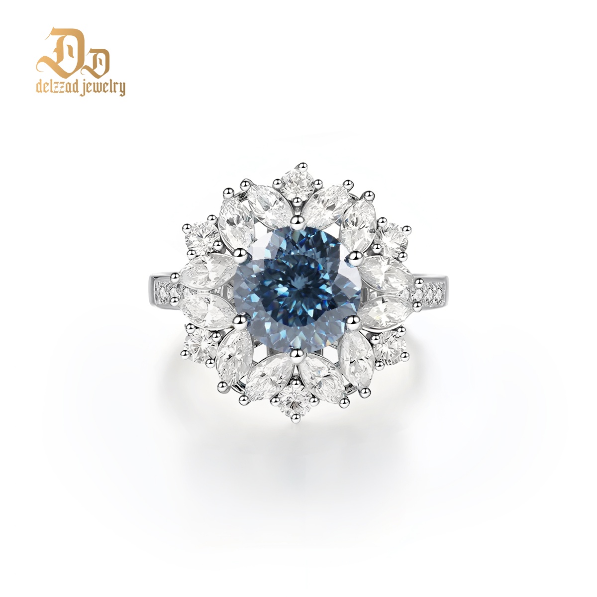 Delzzad 3ct Hundreds Faces Round Synthetic Moissanite Flower Ring In 925 Sterling Silver