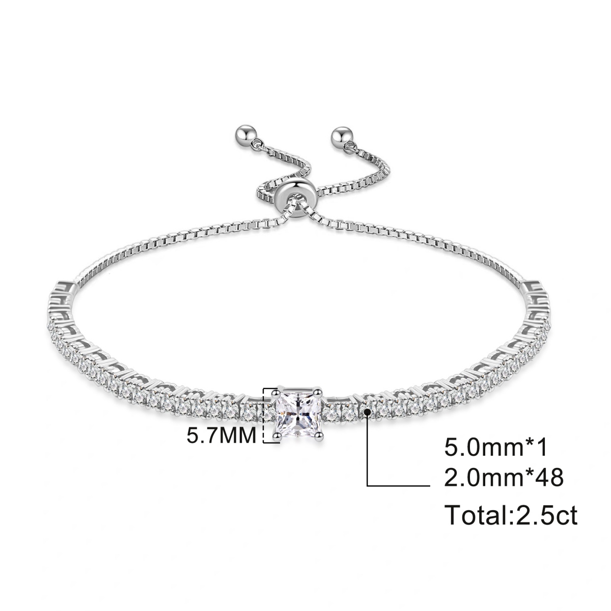 2.5ct Boundless Love Bracelet Classic Tennis Chain Adjustable Slider Bracelet Princess Cut Synthetic Moissanite Bracelet Copper Chain