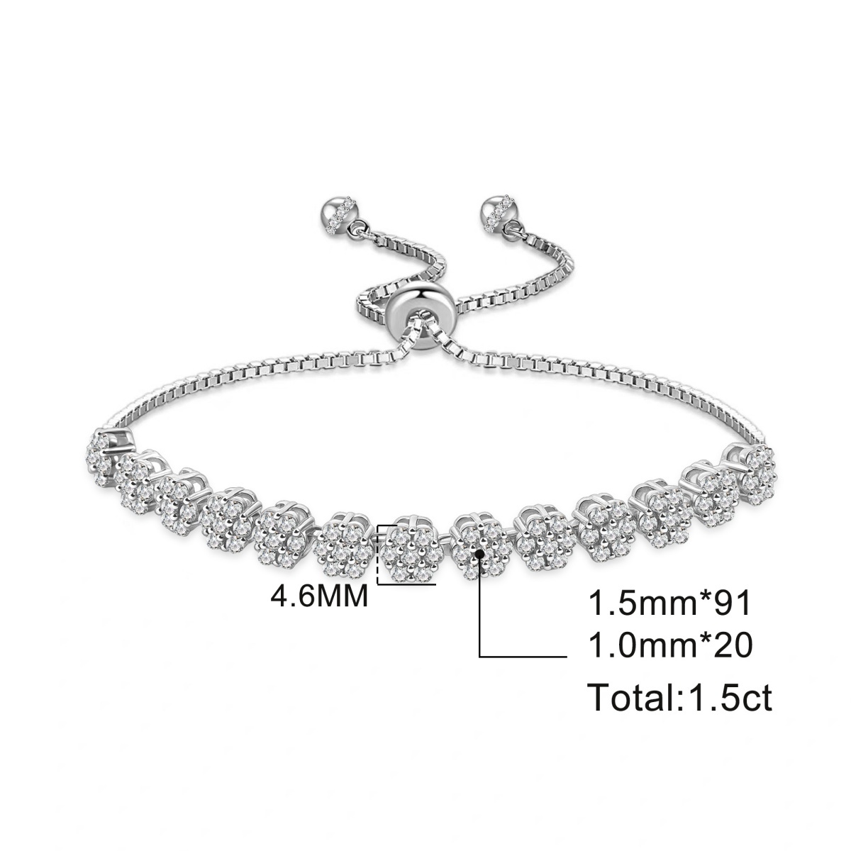 1.5ct Love's Garden Flower Bracelet Adjustable Cluster Bolo Bracelet Synthetic Moissanite Bracelet Copper Chain