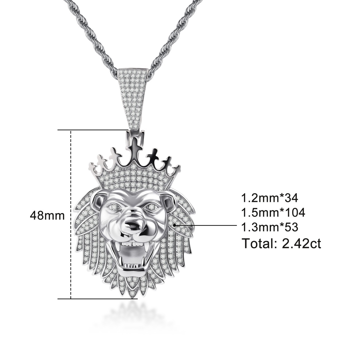 Iced Out Crown Lion Head Pendant Hip Hop Lion Necklace Chain D Color VVS Synthetic Moissanite Copper Chain