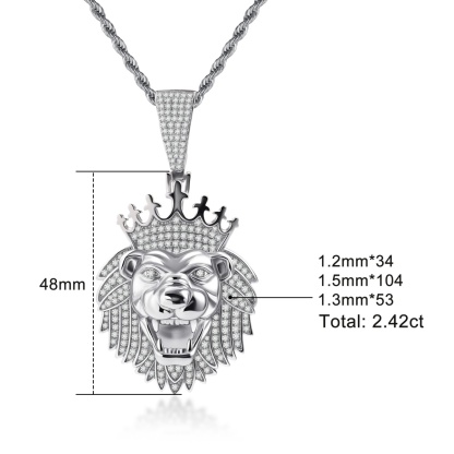 Iced Out Crown Lion Head Pendant Hip Hop Lion Necklace Chain D Color VVS Synthetic Moissanite Copper Chain