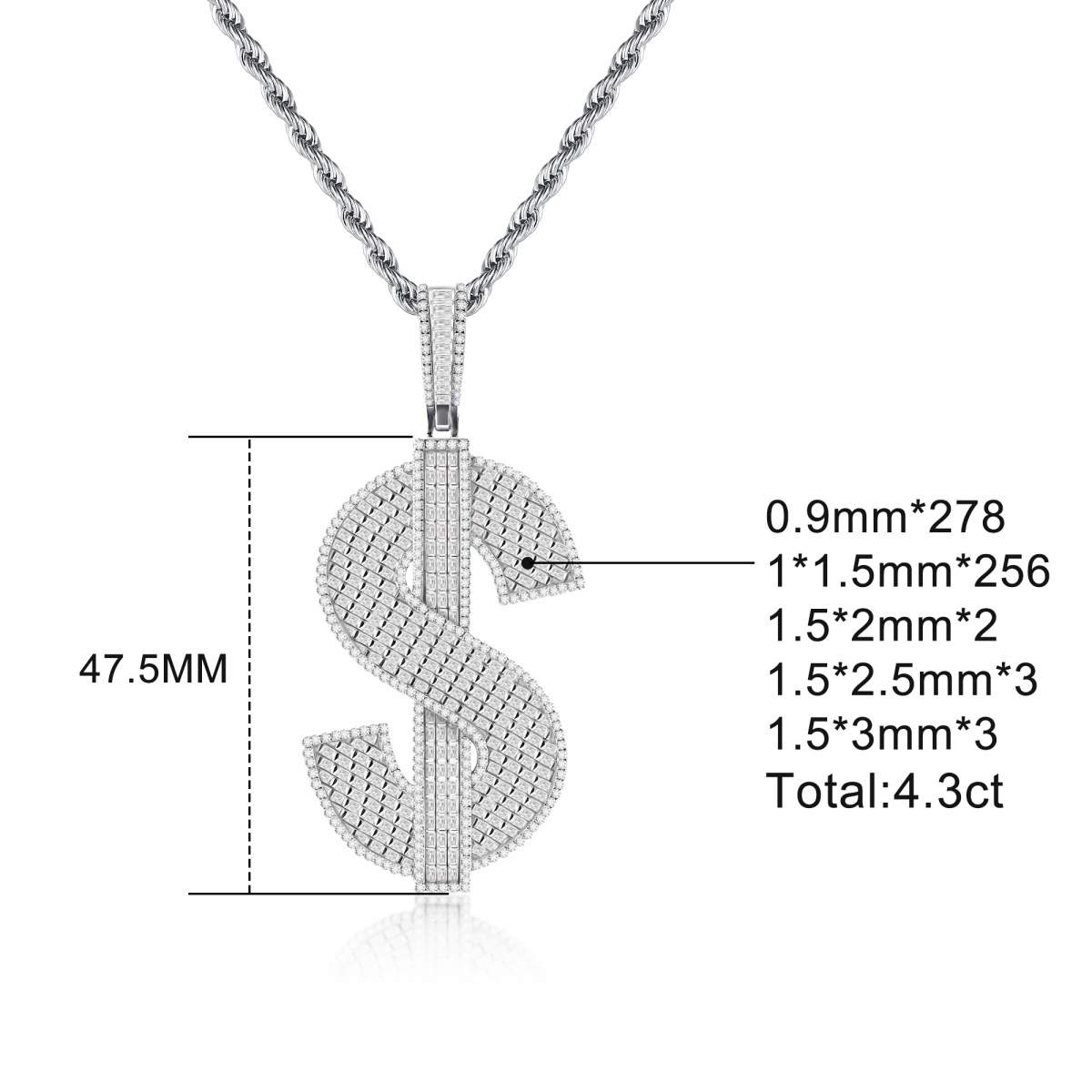 Bling Fortune Seeker USD Pendant Prosperity Pendant Necklace Chain Baguette Cut VVS Synthetic Moissanite Necklace Copper Chain