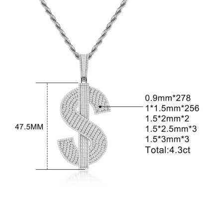 Bling Fortune Seeker USD Pendant Prosperity Pendant Necklace Chain Baguette Cut VVS Synthetic Moissanite Necklace Copper Chain