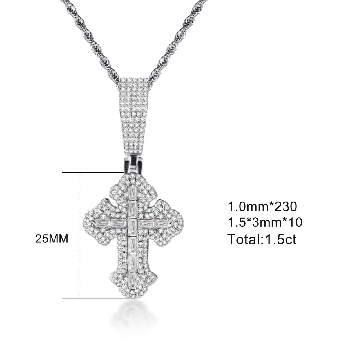 Iced Out Calvary Pendant Baguette Cross Pendant Necklace Chain D Color VVS Synthetic Moissanite Necklace Copper Chain
