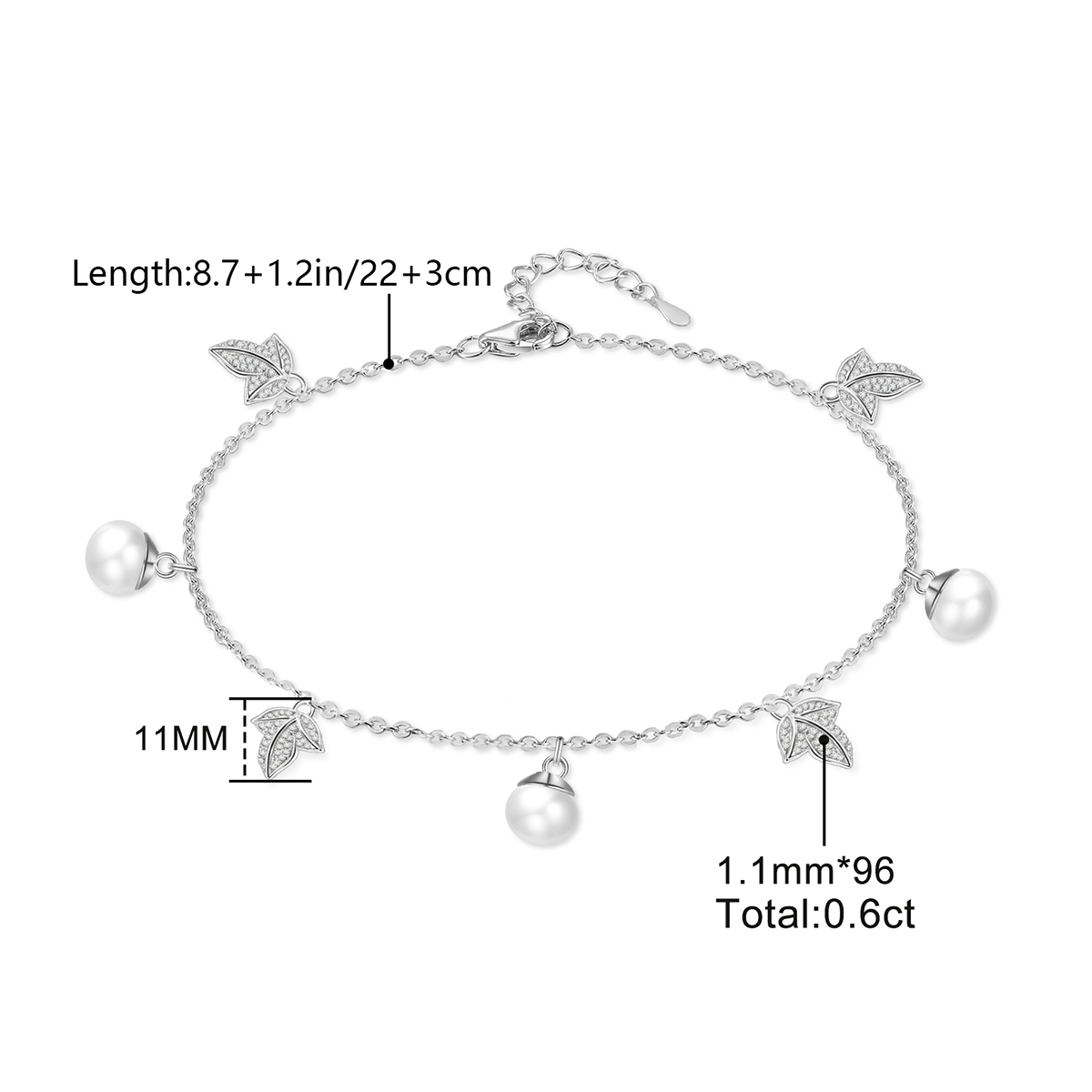 0.6ct Lunar Leaf Trail Anklet Pearl Bloom Anklet Chain Adjustable Anklet Synthetic Moissanite Anklet Jewelry Copper Chain