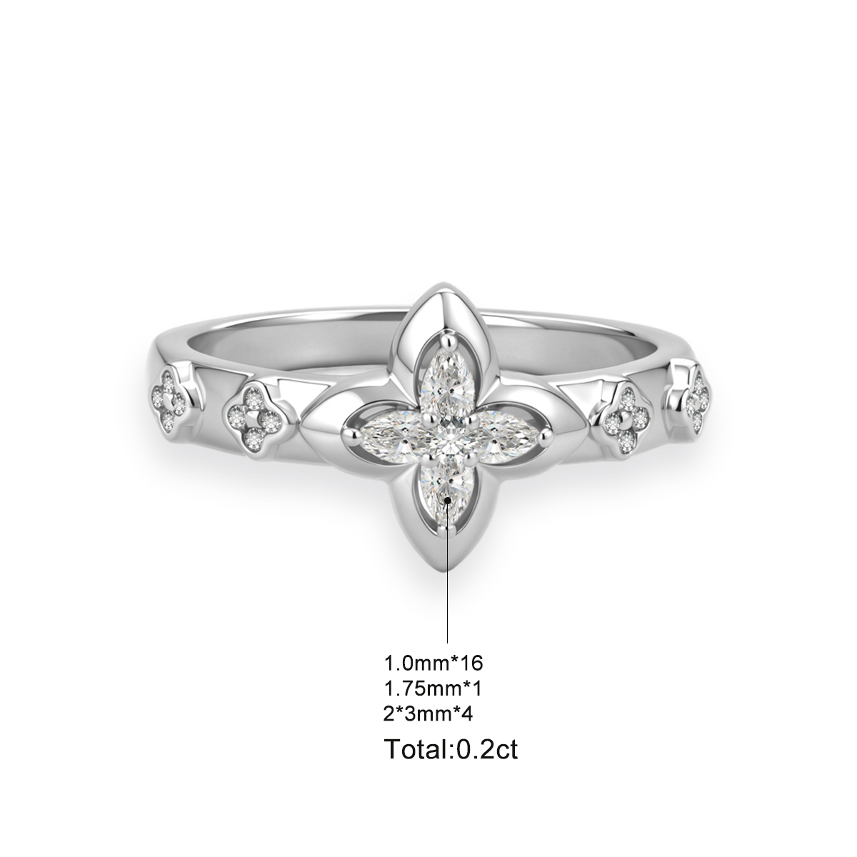 Delzzad 0.2ct Guiding Light Flora Ring Four Leaf Ring Band Clover Ring Petals of Grace VVS Synthetic Moissanite Ring Jewelry Copper Band