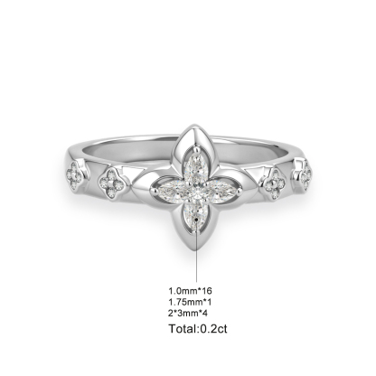 Delzzad 0.2ct Guiding Light Flora Ring Four Leaf Ring Band Clover Ring Petals of Grace VVS Synthetic Moissanite Ring Jewelry Copper Band
