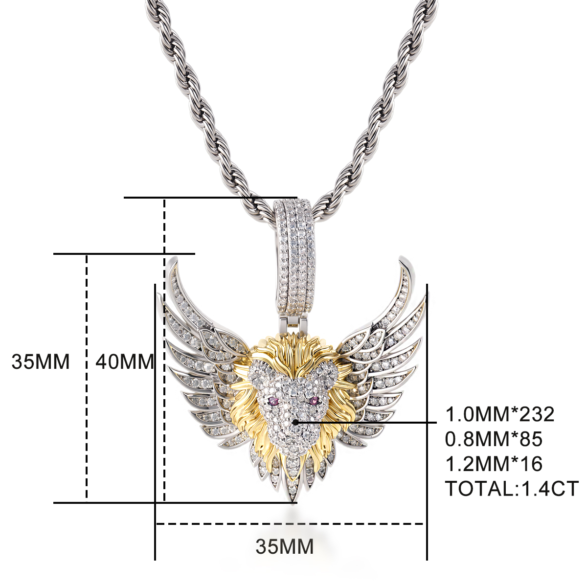 Delzzad Seraphic Roar Pendant Necklace Flying Winged Lion King Crown Face Charm Pendant Chain VVS Synthetic Moissanite Pendant Necklace Jewelry Copper Chain