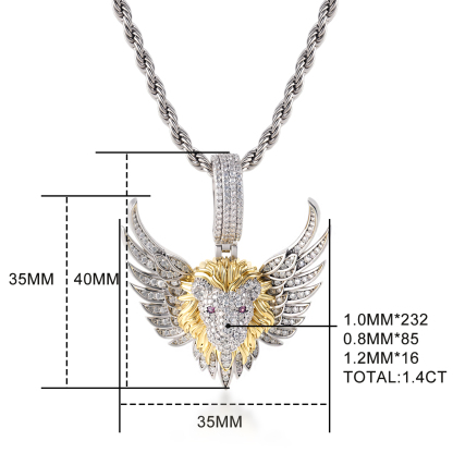 Delzzad Seraphic Roar Pendant Necklace Flying Winged Lion King Crown Face Charm Pendant Chain VVS Synthetic Moissanite Pendant Necklace Jewelry Copper Chain