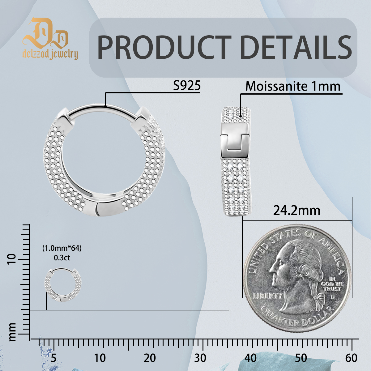 Delzzad S925 Round VVS Synthetic Moissanite Iced Hoop Earring Birthday Valentine's Day Gifts for Men Women