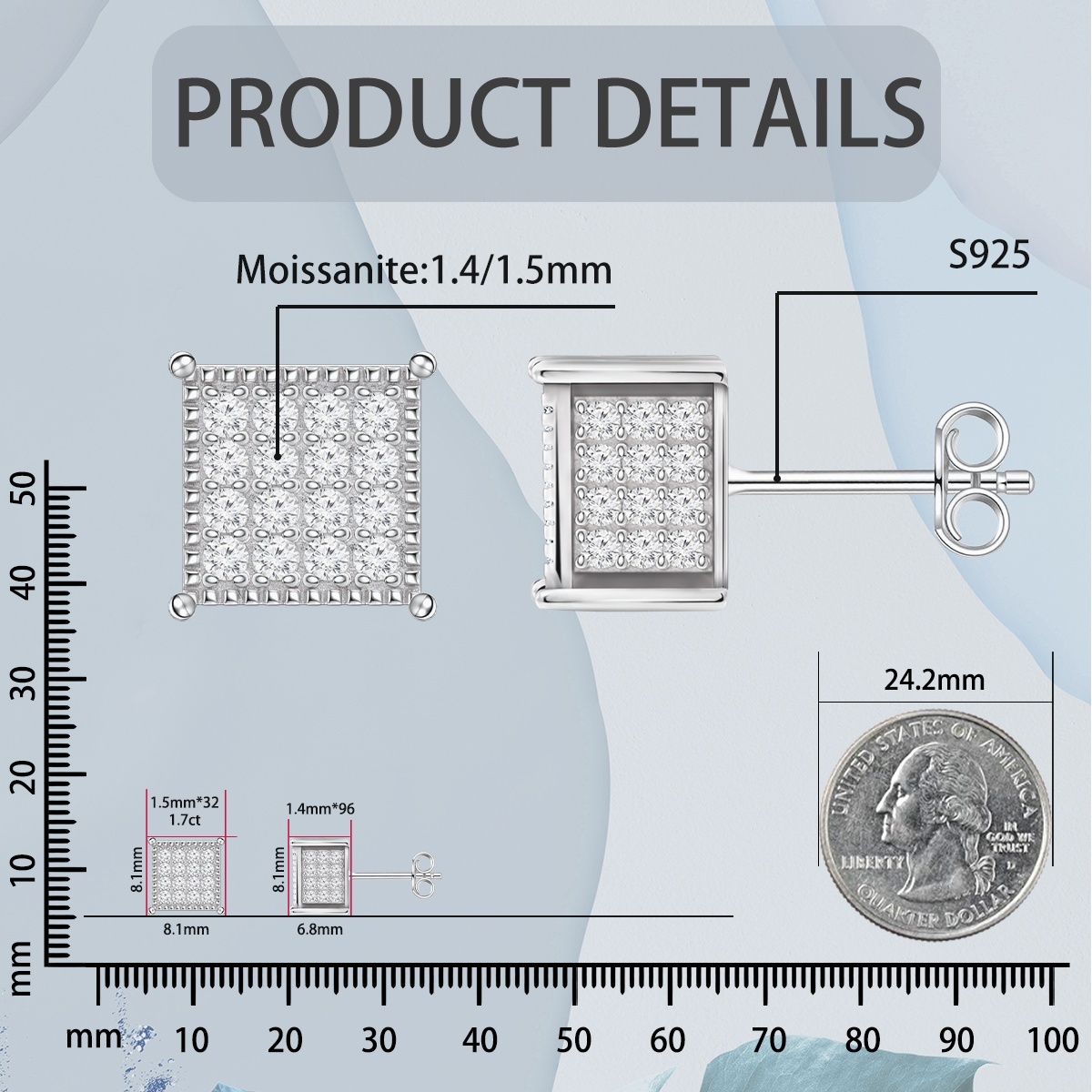 1.7ct Round Hip Hop Iced Out Cubic Earrings D Color Synthetic Moissanite S925 Stud Unisex Earrings