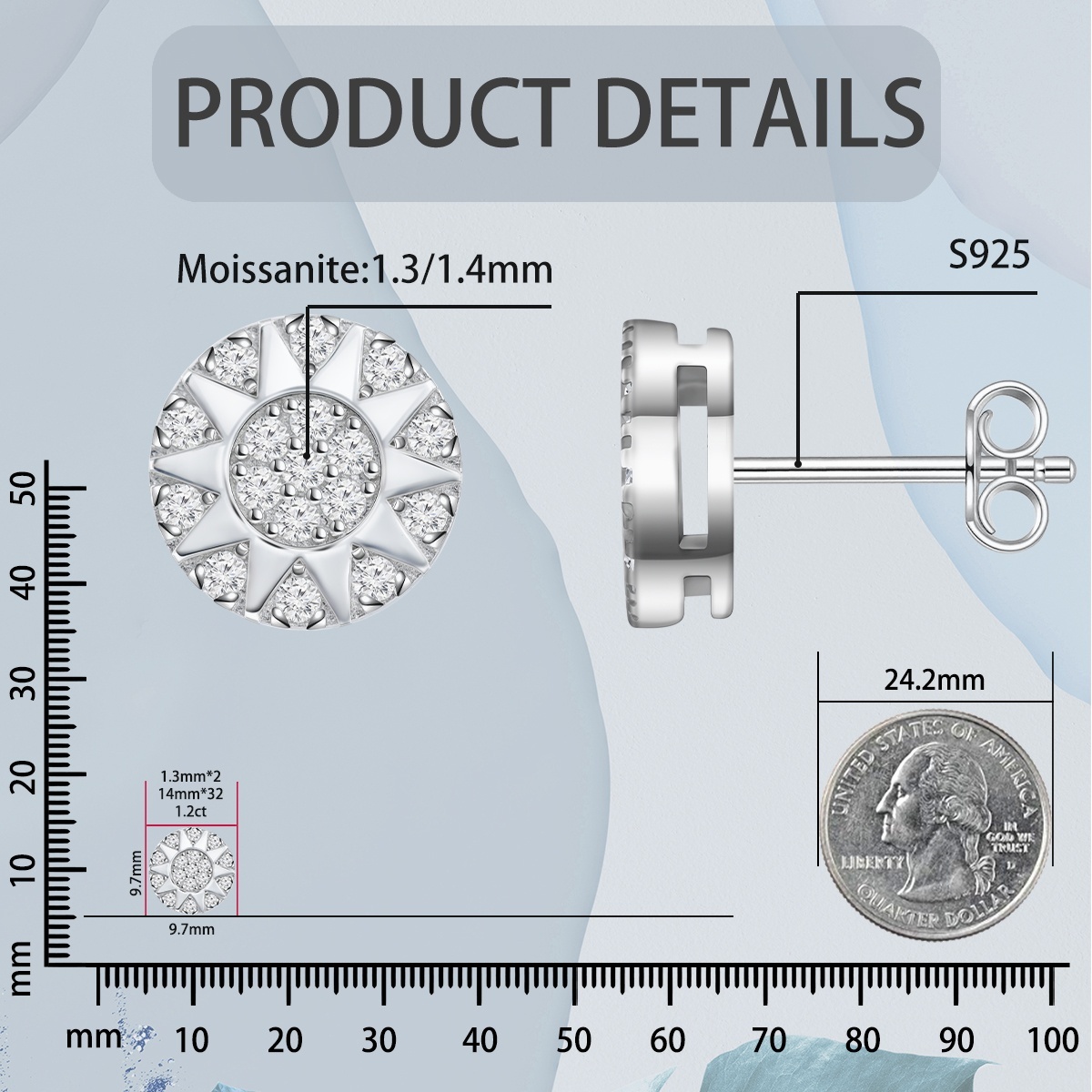 Sunburst Glow Stud Earrings S925 VVS Synthetic Moissanite Studs Unisex Earrings Jewelry Perfect Gift for Men Women Birthday Mother??s Day