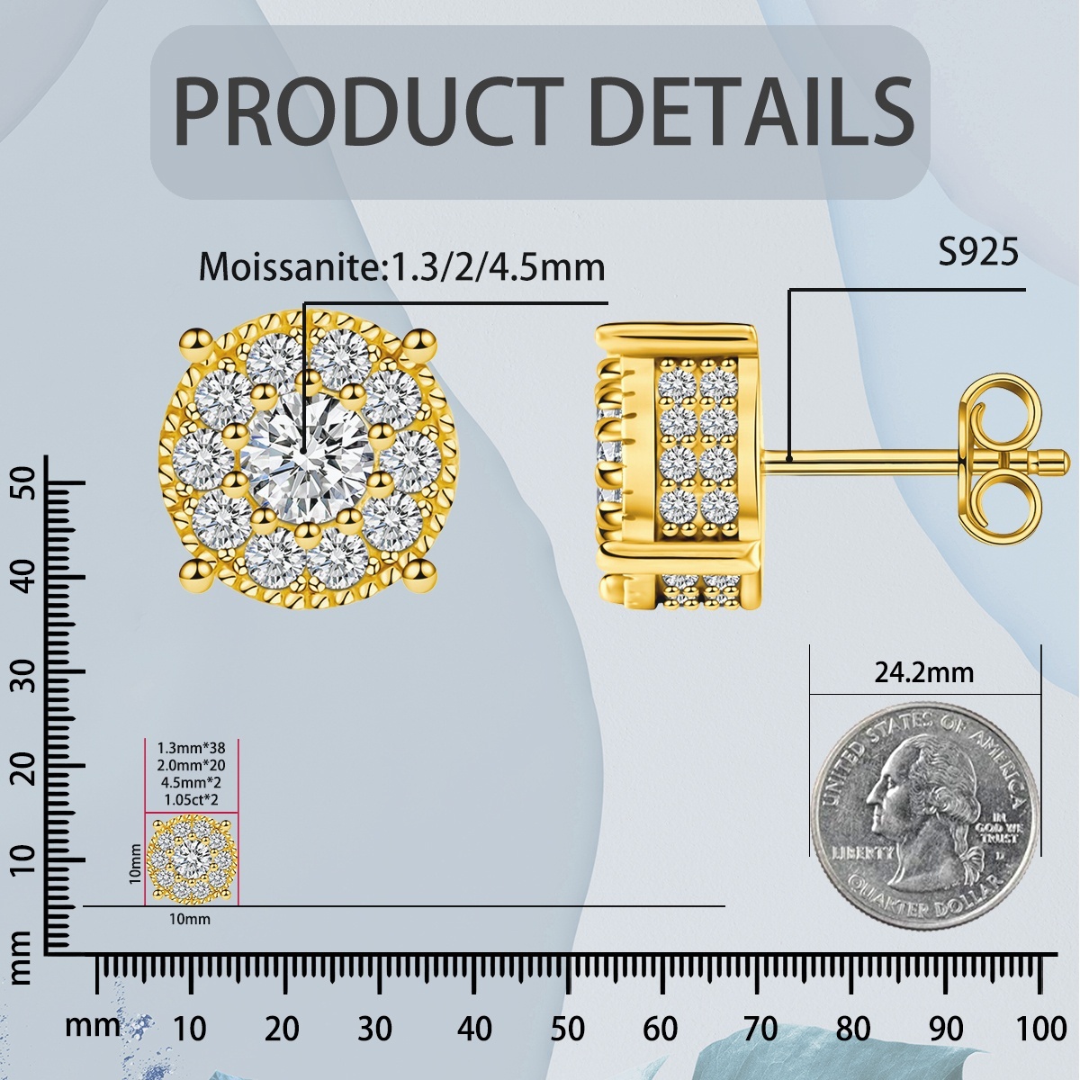 S925 VVS Synthetic Moissanite Royal Halo Iced Out Earrings Stud Unisex Earrings