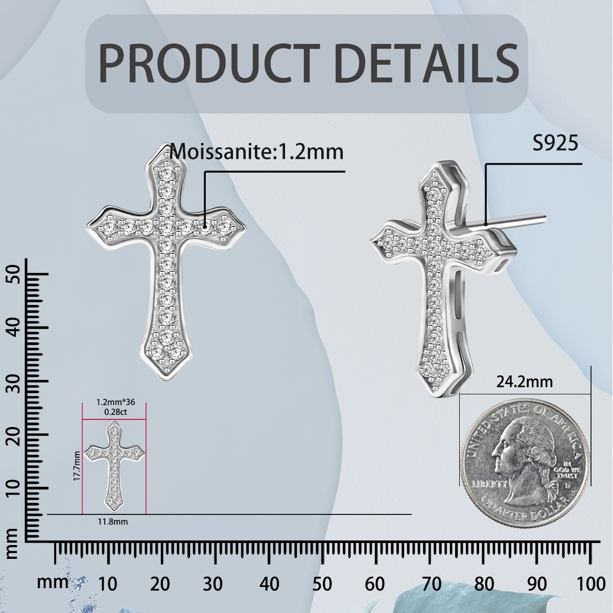 Hip Hop Bling Cross Stud Earrings S925 D Color VVS Synthetic Moissanite Unisex Earrings