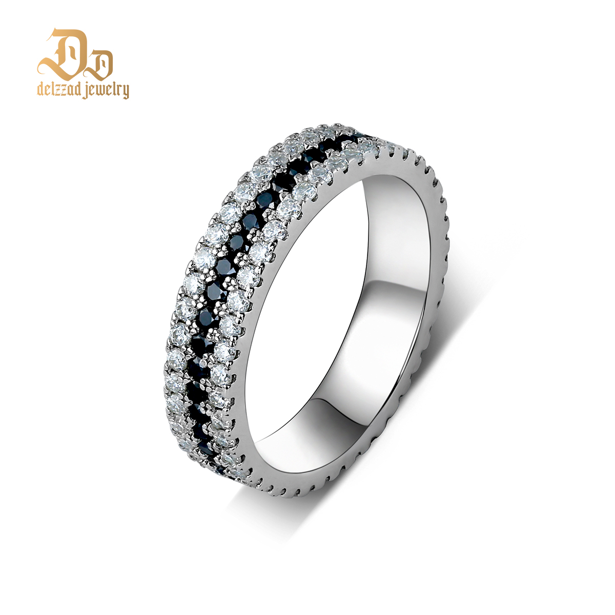 S925 Handmade Black and White Melee Synthetic Moissanite Pave Band