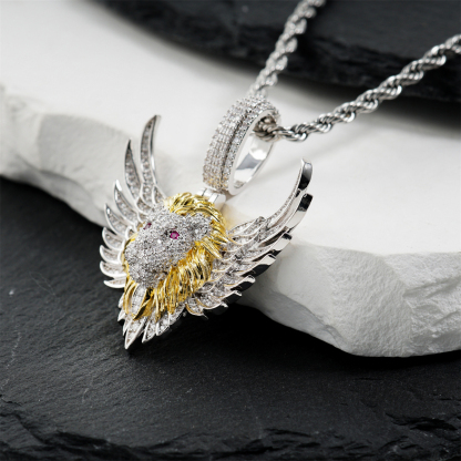 Delzzad Seraphic Roar Pendant Necklace Flying Winged Lion King Crown Face Charm Pendant Chain VVS Synthetic Moissanite Pendant Necklace Jewelry Copper Chain