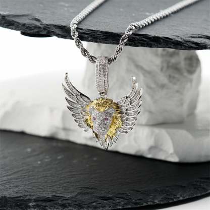 Delzzad Seraphic Roar Pendant Necklace Flying Winged Lion King Crown Face Charm Pendant Chain VVS Synthetic Moissanite Pendant Necklace Jewelry Copper Chain